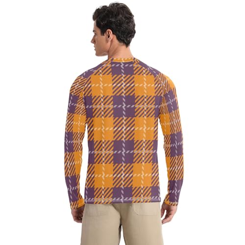 Orange Purple Plaid UPF 50+ Sun Shirts for Men Breathable Round Neck Sun Shirt for Men Long Sleeve Summer2