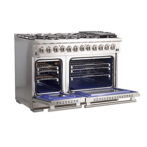 FORNO Capriasca Dual Fuel 48' Inch. Freestanding Range 8 Sealed Brass Burners Cooktop - 6.58 Cu. Ft. Double Convection Electric Oven - Stainless Steel Stove Range Heavy Duty Cast Iron Grates