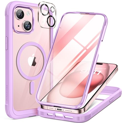 Image of Miracase Magnetic for iPhone 15 Plus Case 6.7'' [Compatible with Magsafe] Full-Body Military Drop Proof 15 Plus Phone Case Cover with Built-in 9H Tempered Glass Screen Protector,Light Purple