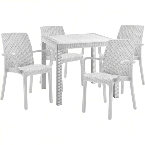 Sicignano | Set 5 Pezzi, 4 Sedie con Braccioli + 1 Tavolo Quadrato Rattan - Impilabile, Resistente agli UV, Arredo Interno Esterno Bar Pub Giardino Terrazzo, Made in Italy (Bianco)