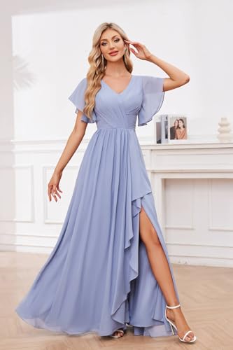 Women's V Neck Short Sleeve Bridesmaid Dresses for Wedding Ruffled Chiffon Evening Formal Gown3