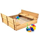 Best Choice Products Kids' Outdoor Wooden Sandbox Large, Cedar Wood with Foldable Bench Seats and Sand Protection, Bottom Liner Included - Natural