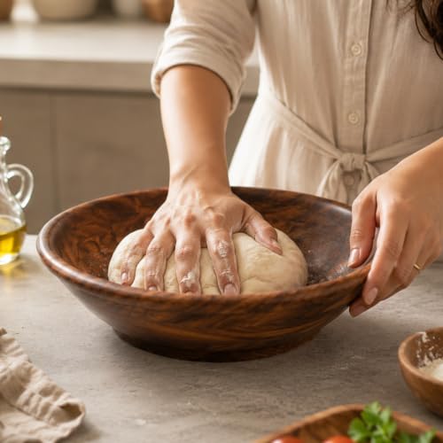 Image of Wooden Dough Mixing Bowl, 12 inches Diameter, Mixing Bowl, Fruit Bowl, Multipurpose for Serving, for Salad, Mixing Dough,