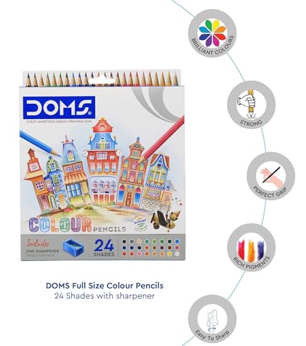 DOMS 24 Shades Color Pencils|Hexagonal Shaped Body For Comfortable Grip|Bright&Playful Colors|Free Sharpner With Each Pack|Non-Toxic&Safe For Childrens|Pack Of 1|Multicolor