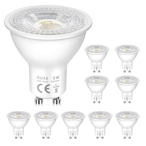 Caldarax Paquete de 10 Bombillas LED GU10, 5 Vatios (Equivalente a 50 Vatios), Blanco Frío 6500K, Foco MR16 230V, 500 Lúmenes, Bombillas de Bajo Consumo, 120° Ángulo de Haz, No Regulable