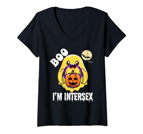 Lustige LGBT Homosexuell Halloween Niedliche Ghost Boo I'm Intersex Flagge T-Shirt mit V-Ausschnitt