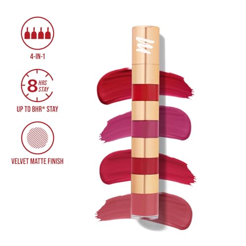 Image of MyGlamm Super 4 Liquid Lipstick Stack - True Bolds (Red + Plum + Vermillion + Pink) | Non Transfer, Smudge Proof 4 in 1 Velvet Matte Lipstick (4.8ml) (Pack of 2)
