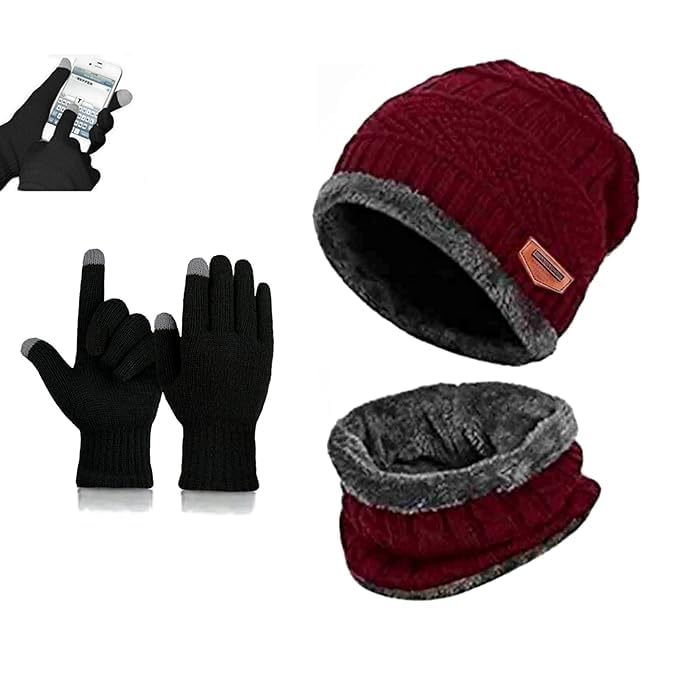Winter Knit Beanie Cap Hat Neck Warmer Scarf and Woolen Gloves Set for Men & Women (3 Piece)-image-18