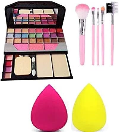 Tayan Fashion Makeup Kit for Girls Women's Makeup kit and 5 Pieces Brush and 2 Pieces Blender Puff Combo | Long wearing and Easily Blendable | Matte, Shimmers and Metallic