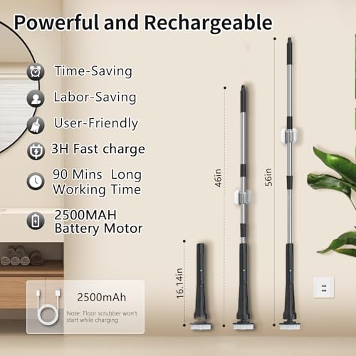 Image of Hillyfe Black Electric Spin Scrubber, Cordless Shower Scrubber with Long Handle, Power Tub & Floor Scrubber, Shower Cleaner Brush for Bathroom, Grout and Tile, 7 Heads, IPX7 Waterproof