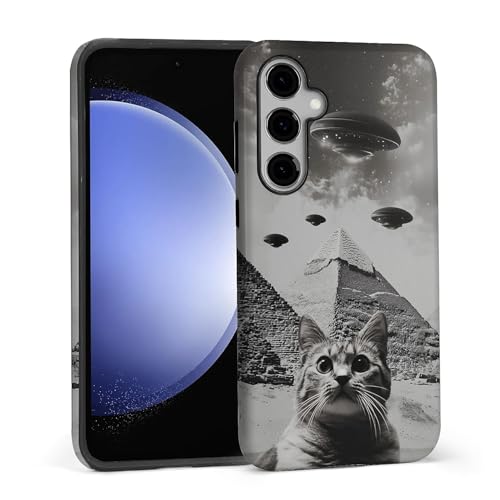 FKBRCL4U for Samsung Galaxy S25 Case, Hybrid 2-Layer Silicone Protective Glossy Case for Girl Women for Samsung Galaxy S25 Funny Retro Cat Pyramid UFO Pattern