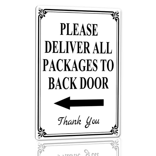 Horienteeon Please Deliver All Packages to Back Door Left Arrow Aluminium Sign 20×30cm, Sturdy Aluminum Metal Signs Rust Free, Pack Delivery Sign for Packages, Delivery Instructions Signs