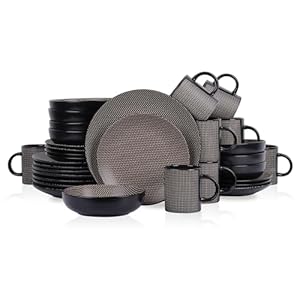 Stone Lain Daisy Stoneware 32-piece Round Dinnerware Set, Brown and Black
