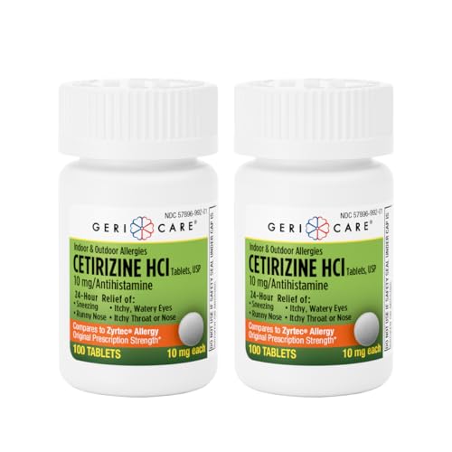 GeriCare Cetirizine HCI 10mg Antihistamine Tablets, 100 Count – 24 Hour Seasonal & Year-Round Allergy Relief for Indoor & Outdoor Allergies, Sneezing, Runny Nose, Itchy Eyes & Throat (2 Pack)