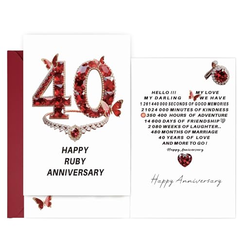 40th Anniversary Card，40 Year Wedding Anniversary Day Gifts for Couples, Happy Ruby Anniversary Card Double-Sided with Envelope, Romantic Keepsake for Husband Wife