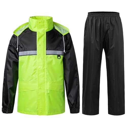 KTWOLEN Traje de Lluvia Reflectante para Hombre con Capucha Resistente al Agua y a Prueba de Viento Chaqueta Impermeable con Pantalones, Verde, XXL