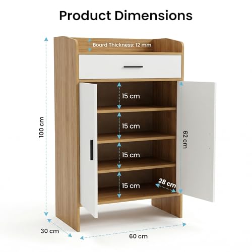 Image of Decor & More 2 Door Shoe Rack Wooden with Shelf and Drawer, Shoes Rack with Door for Home, Shoe Organizer Space Saver, Shoe Cabinet Stores 15-16 Pairs, Footwear Stand,DIY