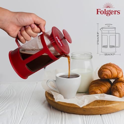 LORD'S ROCKS Folgers Coffee French Press – 600ml Heat-Resistant Glass Coffee Maker with Stainless Steel Filter, Durable Red Frame & Handle, Easy Brewing for Fresh, Bold Flavor — view 4