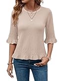 AKEWEI Womens Tops Soft Round Neck Pullover Sweaters Spring Summer Fall Casual Blouses 2026 Ladies 3/4 Sleeve Tops Apricot M
