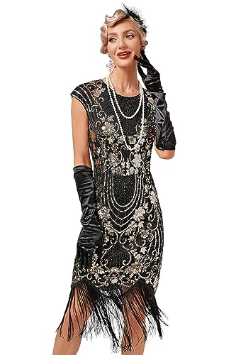 Viloree Robe Soirée Femme Paillette Frange Robe Année 20 Noir & Or (51) L