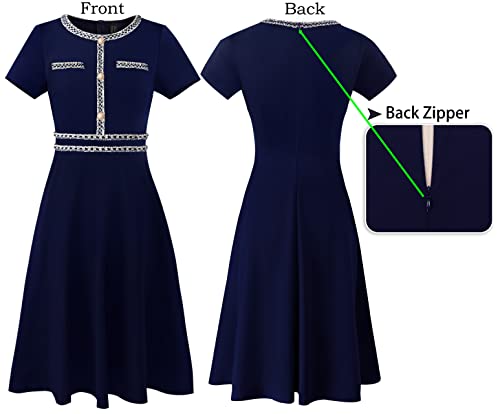 Image of VFSHOW Womens Buttons Pockets Office Business A-Line Dresses Short Sleeve Work Crew Neck Tweed Trim Fit and Flare Swing Dress