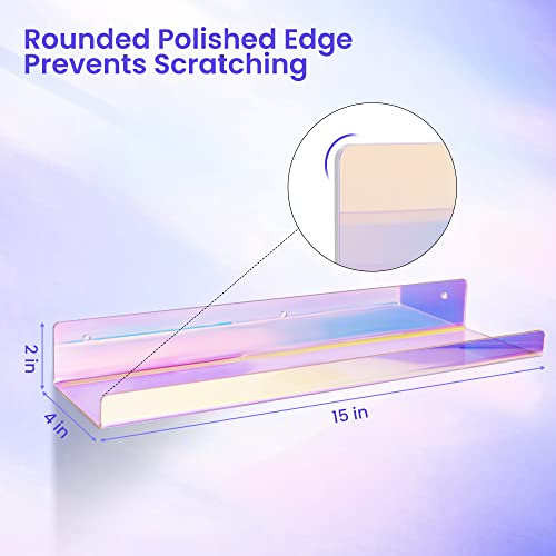 Upsimples Iridescent Acrylic Shelves For Wall Storage, 15" Acrylic Floating Shelves, Kids Bookshelf, Nail Polish Holder, Perfume Display Wall Shelves For Bedroom, Living Room, Bathroom, Set Of 4 #TOP2