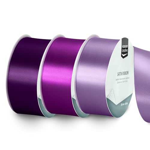 Vaessen Creative Ruban Satin Lot - 3 Couleurs de 10 m x 38 mm - Violet - Bolduc pour Cadeau, Emballage et Bouquet Mariage