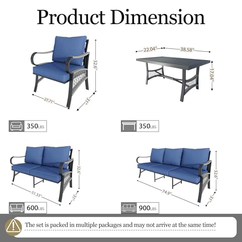 Image of 5 Pieces Patio Conversation Sets, All Weather Metal Outdoor Furniture Set with Sectional Sofa Loveseat Couch for Backyard Garden Deck Porch Poolside (Blue Cushions)