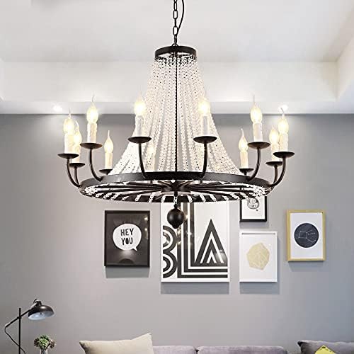 LED Chandeliers, 10 Candle Chandelier for Living Dining Room Bedroom Home Crystal Hanging Light Classic Design American Retro Lustre Pendant Lamp (Color : 12heads, Size : Black)