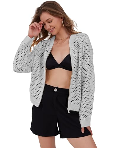 Image of HOCANDY Womens Zip Up Crochet Cardigan Sweater Oversized Long Sleeve Hollow Out Knit Bomber Jacket Fishnet Sweaters