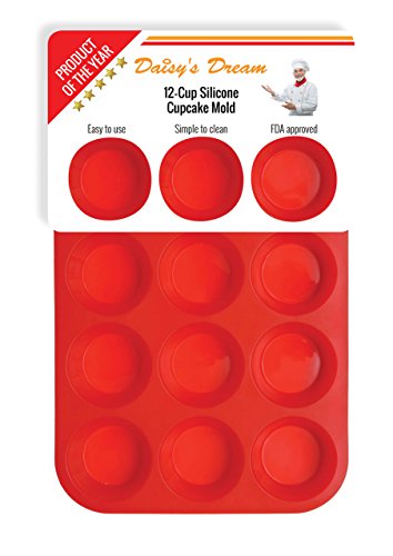 Silicone Muffin Pan / Tin Cupcake Mold by Daisy's Dream - 12 Cup Silicone Pan / Baking Tray - Easy To Use - Simple To Clean, Red Bakeware