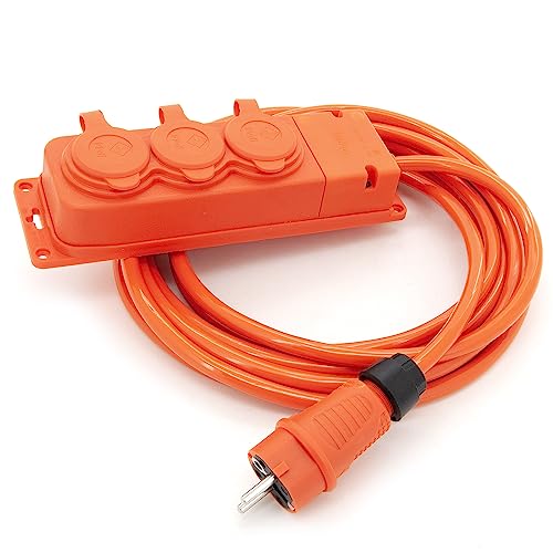 KOOP Elektro 5 m Verlängerungskabel mit 3 schuko steckdosen für den aussenbereich IP44 H07BQ-F 3G 2,5mm² verlängerung mit 3 schutzkontakt buchsen 3-Fach Outdoor verteiler 5 Meter orange