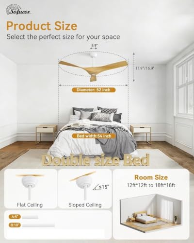 Image of Sofucor 52 Inch Smart Ceiling Fan No Light, Modern Ceiling Fan with 3 Plastic Blades, Compatible with Alexa /Google /App, 6 Speeds 4500CFM, Timer Quiet Reversible DC Motor, ETL /FCC