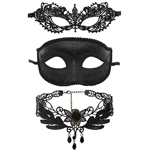 JewelryWe Schmuck 3 PCS Maske Halskette Set Schwarz Sexy Paar Venezianische Spitze Augenmaske Gothic Choker Kette Halsband Damen Maskerade Kostüm für Halloween Karneval Party Cosplay