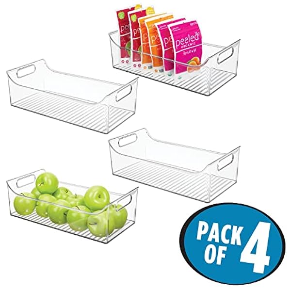 mDesign Juego de 4 cajas para nevera con asas – Organizador de frigorífico largo para almacenar alimentos – Contenedor transparente de plástico para el armario de la cocina o la nevera – transparente