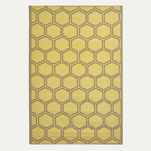 Image of HOMESCAPES Yellow Outdoor Rug for Garden or Patio 100% Recycled Plastic 182 x 122 cm Lightweight Waterproof Garden Rug Honeycomb Geometric Design Woven Floor Mat for Indoor & Outdoor Use