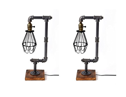 Pack of 2 Bird Cage Designer Steampunk Water Piping Desk Top Table Lamp Wood Base Rustic Home Deco Steam Punk Industrial Interior Design Bedside Minimalist Victorian Edison Iron Retro Lighting Lamps