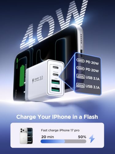 USB C Fast Charger Block, 40W 4-Port USBC Wall Charger Plug, 2Pack Type C Charger Fast Charging Blocks PD Power Adapter+QC USB Multiport Brick for iPhone 17/16/15/14/13/12 11/Pro Max, iPad, Samsung