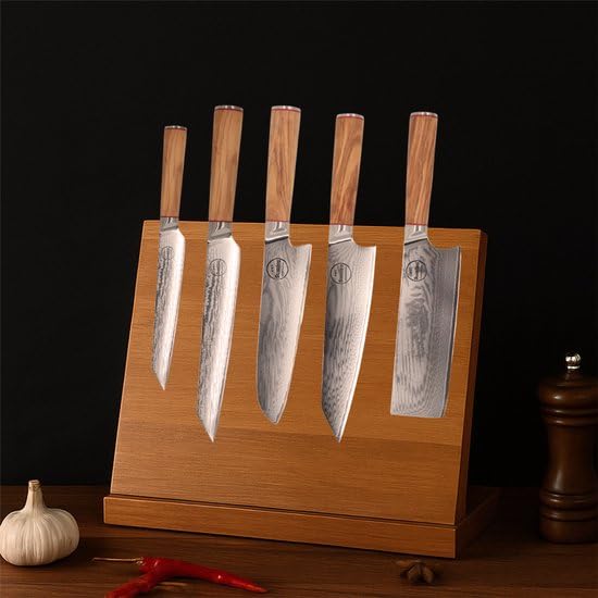 Set di coltelli giapponesi da 5 pezzi - Coltelli da cucina damascati professionali - 100% acciaio damasco - ceppo magnetico incluso - Legno
