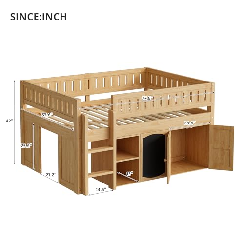 Image of Full Size Loft Bed with Storage Cabinet and Chalkboard Panel, Solid Wood Frame - Space-Saving Design for Kids /Teens Bedroom (Natural-A1)