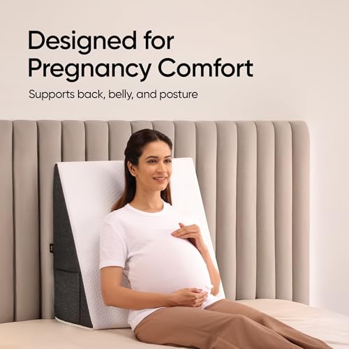 Image of Frido Ultimate Wedge Plus Max Cushion | Extra-Large Back Support Pillow for Bed with Side Pockets | Wedge Pillow for Neck & Back Pain, Acid Reflux | Triangle Cushion with Carry Handle- White & Grey