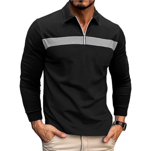 Ryehack Men's 1/4 Zip Polo Shirt Long Sleeve, Raglan & Contrast Color - Casual & Golf T-Shirt, Black, L