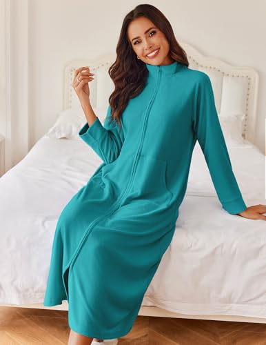 Image of Ekouaer Women Zipper Robe Long Sleeves House Coat Soft Bathrobe Sleepwear with Pockets Housecoat Loungewear
