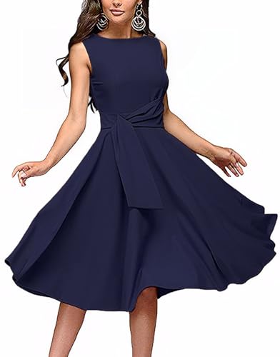 Image of FENJAR Women's Elegance Audrey Hepburn Style Ruched Dress Round Neck Sleeveless Swing Midi A-line Dresses (US, Alpha, X-Large, Regular, Regular, Navy)