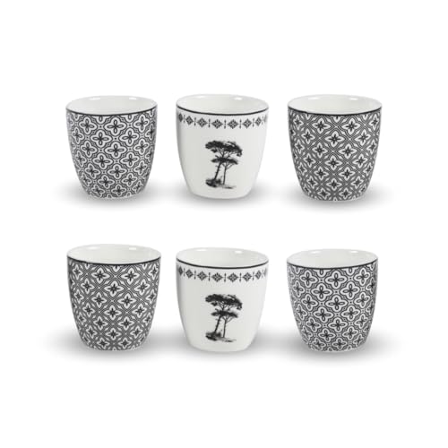 Artime - Lot de 6 Gobelets Villa Les Pins, Gobelets en Porcelaine Noir et Blanc, 250 ML, Design Méditerranéen Élégant