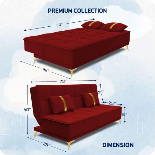Image of Adorn India Premium New Alyssum 3 Seater Sofa Cum Bed 4X6 Velvet Suede with 2 Cushions (Color Red) and Suitable for All Indoor, with 3 Years Warranty