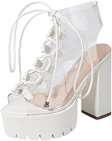 USYFAKGH Women Work Boots Women Ladies Transparent Sqaured Heel Platform Peep Toe Lace Up Boots Shoes Backpacking Boot White
