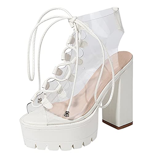 Usyfakgh Women Work Boots Women Ladies Transparent Sqaured Heel Platform Peep Toe Lace Up Boots Shoes Backpacking Boot White #TOP17