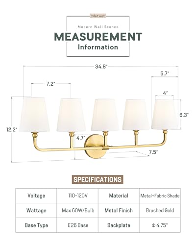 Image of Bathroom Light Fixtures, 5 Light Brushed Gold Vanity Lights with Flared White Fabric Shade, 35 Inch Wall Sconce, Modern Sconces Wall Lighting for Hallway Bedroom, VL837-BG-5