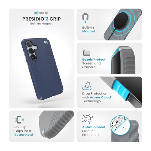 Image of Speck Samsung Galaxy S25 Case - Magnet Case, 13-Foot Drop Protection, No-Slip Grips, Raised Bezel, Enhanced Buttons - Presidio 2 Grip (Coastal Blue /Dust Grey)